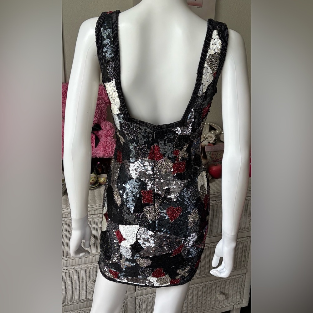 Vintage Oleg Cassini Sequin Silk Mini Dress BodyCon Low Cut Black & White Size 4 - Picture 5 of 12